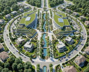 Render aéreo de masterplan residencial circular sustentable con canal central de agua, edificios de techos verdes extensivos, caminos curvos, plazas y vegetación integrada, proyecto conceptual Lineasur Arquitectos Cipolletti Río Negro Patagonia.