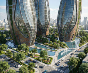 Render aéreo de tres torres altas curvas con fachadas de vidrio y jardines verticales, piscinas y fuentes en plazas inferiores, vegetación integrada y skyline urbano al fondo, referencia conceptual Lineasur Arquitectos Cipolletti Río Negro Patagonia.