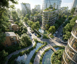 Render aéreo de masterplan residencial sustentable con edificios curvos vidriados y techos verdes, senderos peatonales, puentes sobre arroyos, fuentes y vegetación abundante como bosque urbano, concepto visionario Lineasur Arquitectos Cipolletti Río Negro Patagonia Norte.