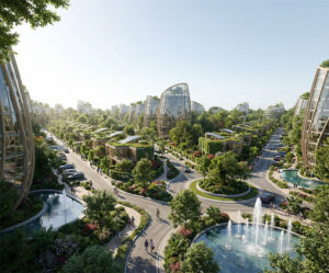 Render aéreo de masterplan residencial biofílico con edificios curvos techos verdes, fachadas acristaladas, senderos peatonales curvos, plazas circulares con fuentes y vegetación abundante como bosque urbano, concepto visionario Lineasur Arquitectos Cipolletti Río Negro Patagonia Norte.