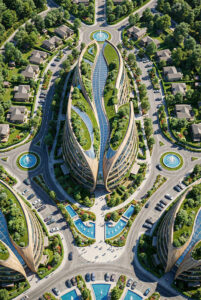 Render aéreo de masterplan residencial sustentable con estructura central elevada en forma de pétalos con techos verdes y canales reflectantes, viviendas bajas, rotondas con fuentes y vegetación abundante, concepto visionario Lineasur Arquitectos Cipolletti Río Negro Patagonia Norte.