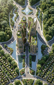 Imagen aérea luminosa de desarrollo residencial biofílico con edificios orgánicos techos verdes, rotondas con fuentes y bosque urbano integrado, concepto Lineasur Arquitectos Cipolletti Patagonia
