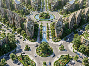 Imagen aérea de desarrollo residencial radial biofílico con edificios altos curvos techos verdes, canales de agua, rotondas con fuentes y verde denso integrado, concepto Lineasur Arquitectos Cipolletti Patagonia Norte