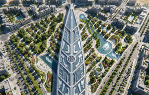 Render aéreo de masterplan urbano futurista con torre central alta reflectante en forma elongada, canales de agua con fuentes, plazas verdes y edificios residenciales circundantes, referencia conceptual Lineasur Arquitectos Cipolletti Río Negro Patagonia Norte.