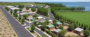 Imagen aérea de barrio residencial Steel Frame con casas de una planta, techos inclinados, vegetación perimetral y lago al fondo, diseñado por Lineasur Arquitectos Fernández Oro Cipolletti