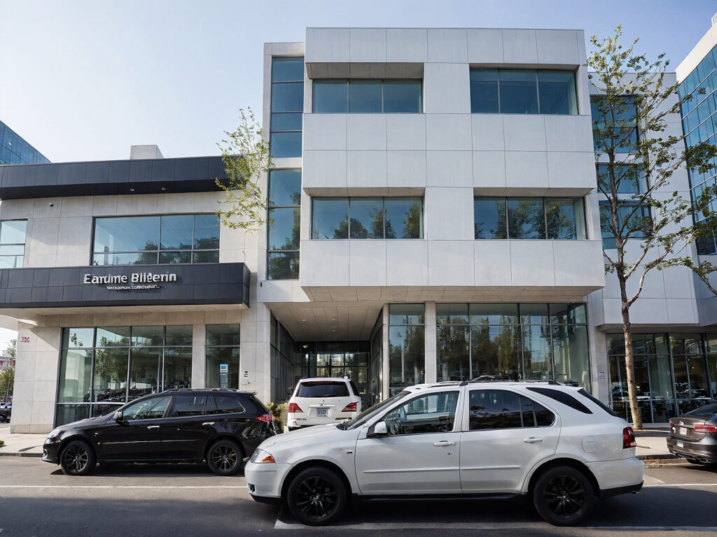 Edificio corporativo de tres niveles con fachada revestida en paneles claros y grandes superficies vidriadas en planta baja sobre entorno urbano.