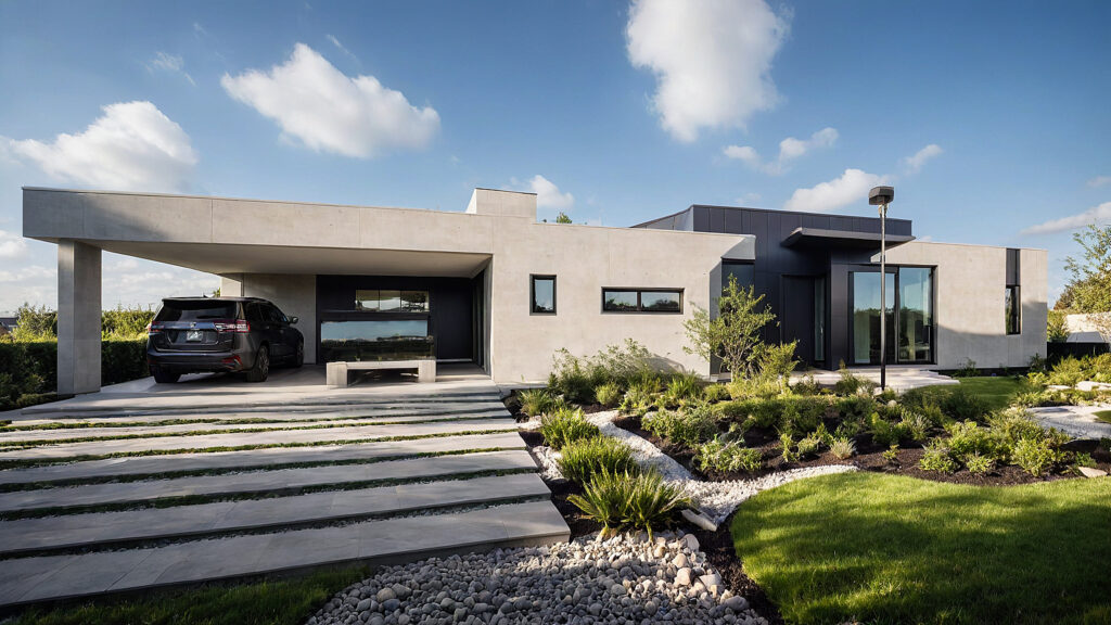 Vivienda unifamiliar moderna de una planta con líneas minimalistas, cochera cubierta y jardín paisajístico