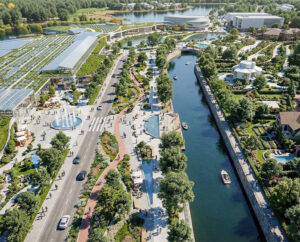 Render aéreo de masterplan urbano sustentable con canal central, fuentes, plazas peatonales, edificios techos verdes, áreas residenciales y comerciales junto a lago/río, proyecto conceptual Lineasur Arquitectos Cipolletti Río Negro Patagonia.
