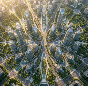 Render aéreo futurista de masterplan urbano radial con torres altas curvas en disposición floral, viales radiales, lagos centrales y áreas verdes abundantes, concepto visionario Lineasur Arquitectos Cipolletti Río Negro Patagonia.