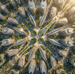 Render aéreo futurista de masterplan urbano radial con torres altas curvas en disposición floral, viales radiales, lagos centrales y áreas verdes abundantes, concepto visionario Lineasur Arquitectos Cipolletti Río Negro Patagonia.