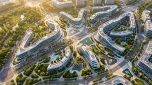Render aéreo de masterplan residencial futurista con edificios curvos ondulantes, techos verdes, piscinas y vegetación integrada, formas orgánicas y viales fluidos, concepto visionario Lineasur Arquitectos Cipolletti Río Negro Patagonia.