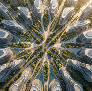 Render aéreo futurista de masterplan urbano radial con torres altas curvas en disposición floral, viales radiales, lagos centrales y áreas verdes abundantes, concepto visionario Lineasur Arquitectos Cipolletti Río Negro Patagonia.