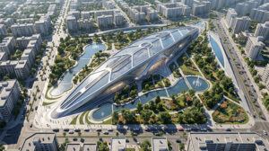 Render aéreo futurista de edificio central orgánico elongado con fachadas reflectantes y vidriadas, lagos artificiales con fuentes, plazas verdes y bloques residenciales circundantes, concepto visionario Lineasur Arquitectos Cipolletti Río Negro Patagonia.