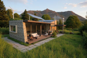 Residencia compacta sustentable al atardecer – Proyecto residencial Cipolletti, Río Negro. Casa con piedra local, paneles solares, turbina eólica, deck con fogón y jardín nativo integrado al paisaje de mesetas