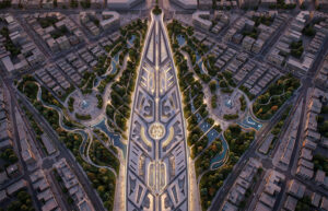 Render aéreo nocturno de masterplan urbano futurista con eje central luminoso alargado, canales de agua iluminados, plazas circulares verdes y edificios residenciales densos alrededor, concepto visionario Lineasur Arquitectos Cipolletti Río Negro Patagonia.