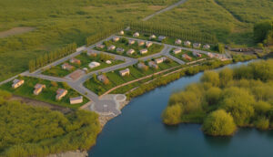 Vista aérea del desarrollo residencial ribereño Cipolletti, Río Negro – trazado curvo de calles, lotes con viviendas, lago artificial y vegetación perimetral al atardecer