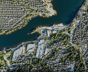 Render aéreo de masterplan residencial costero con viviendas unifamiliares compactas en Steel Frame, lago central, áreas verdes, plazas y caminos curvos, proyecto conceptual Lineasur Arquitectos Cipolletti Río Negro Patagonia.