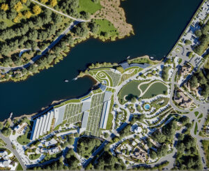 Render aéreo de masterplan residencial junto a lago con viviendas compactas en Steel Frame, jardines geométricos, plaza circular con pileta, caminos curvos, vegetación integrada y río como eje central, proyecto conceptual Lineasur Arquitectos Cipolletti Río Negro Patagonia Norte.
