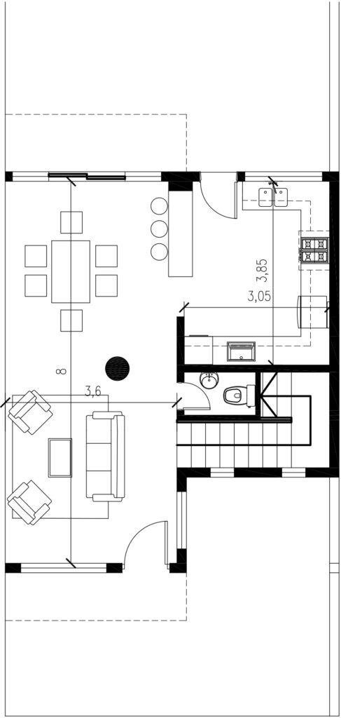 Plano arquitectónico de planta baja con estar, comedor, cocina integrada, baño y acceso principal.