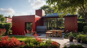 Patio exterior y quincho integrado en residencia contemporánea – Proyecto Cipolletti, Río Negro. Fachada en paneles rojos metálicos, gran abertura vidriada y jardín nativo con vegetación colorida